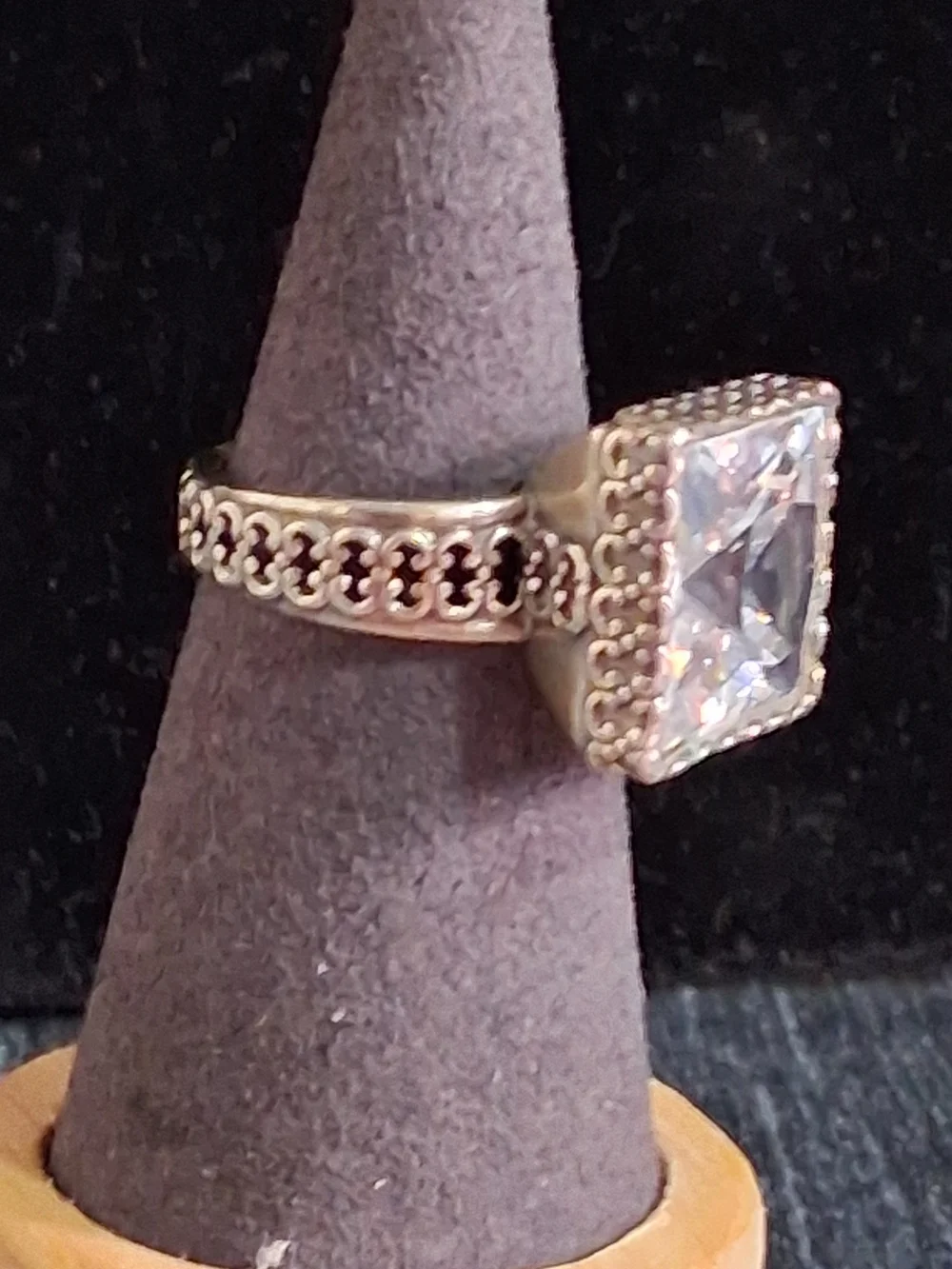 Vintage Israel 925 Sterling Silver Princess Cut CZ Filigree Ring Statement Boho